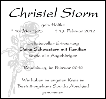 Traueranzeige von Christel Storm von Landeszeitung