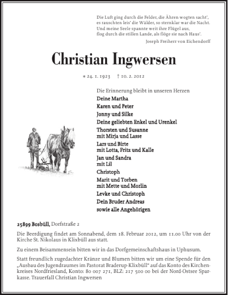 Traueranzeige für Christian Ingwersen vom 14.02.2012 aus Nordfriesland Tageblatt