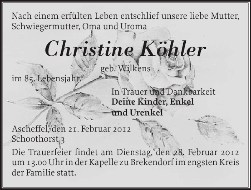  Traueranzeige für Christine Köhler vom 25.02.2012 aus Eckernförder Zeitung