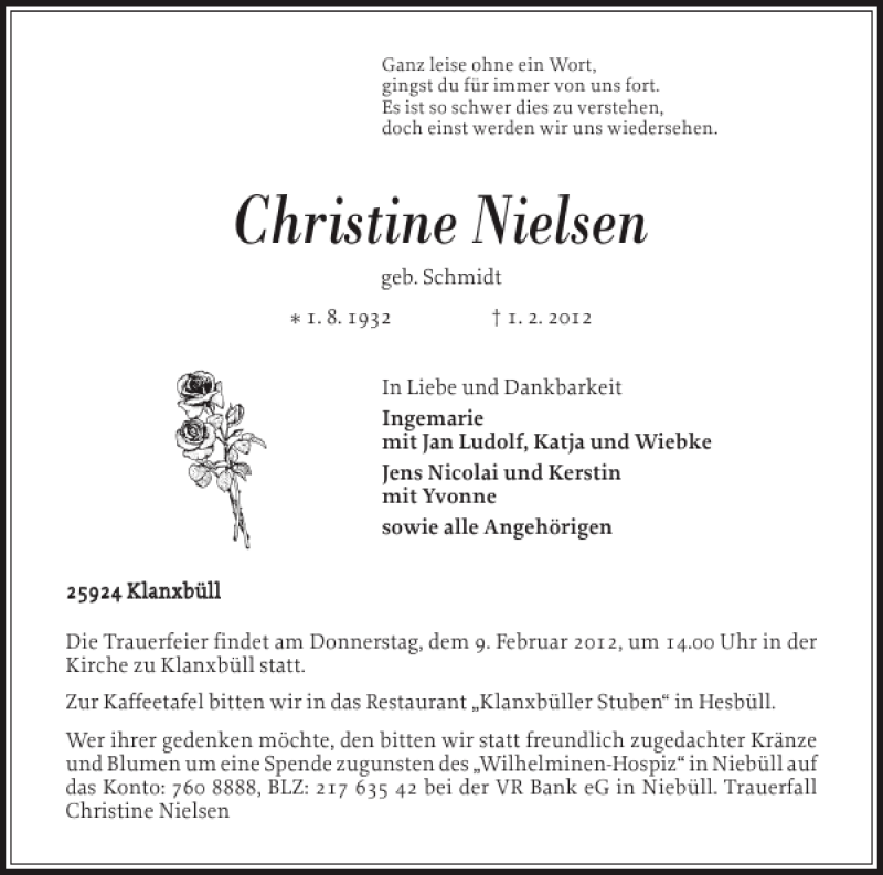  Traueranzeige für Christine Nielsen vom 04.02.2012 aus Nordfriesland Tageblatt