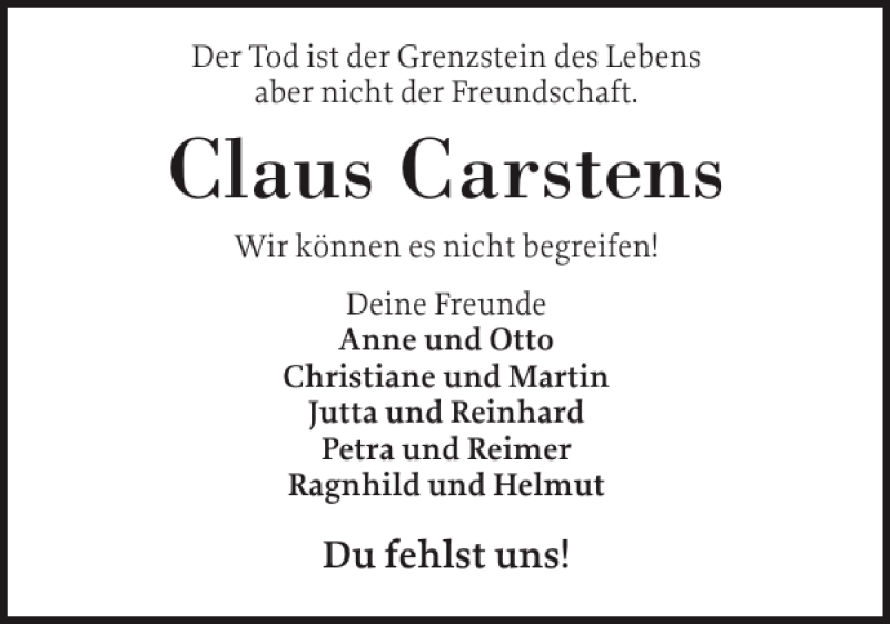  Traueranzeige für Claus Carstens vom 08.02.2012 aus Elmshorner Nachrichten