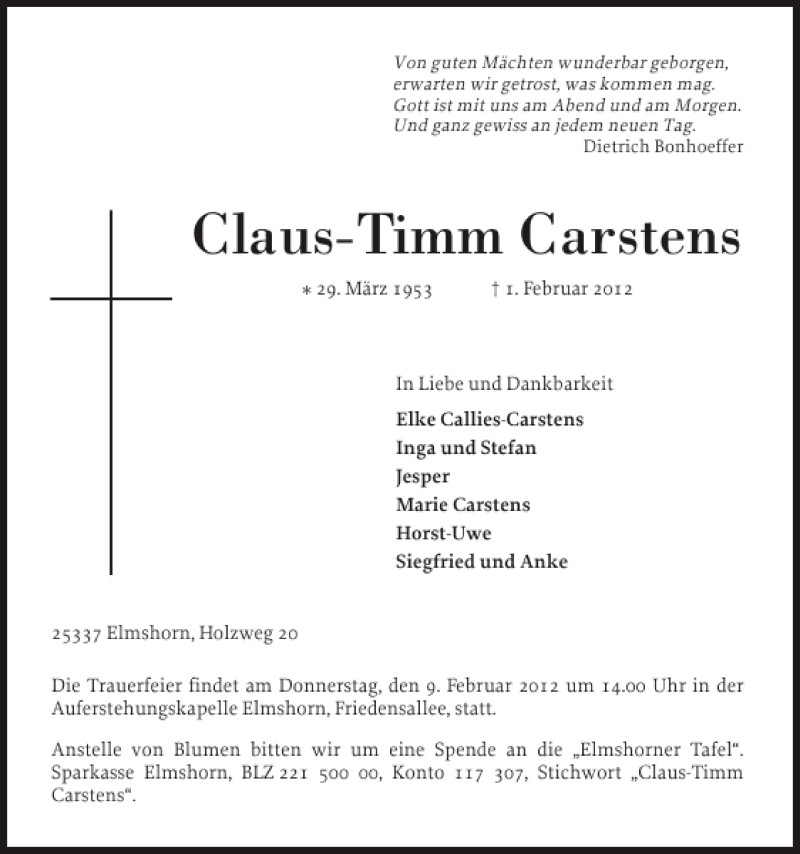 Traueranzeige für Claus-Timm Carstens vom 04.02.2012 aus Elmshorner Nachrichten
