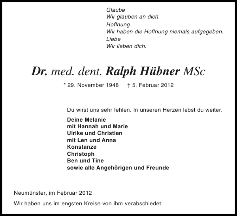  Traueranzeige für Dr. Ralph Hübner vom 11.02.2012 aus Holsteinischer Courier