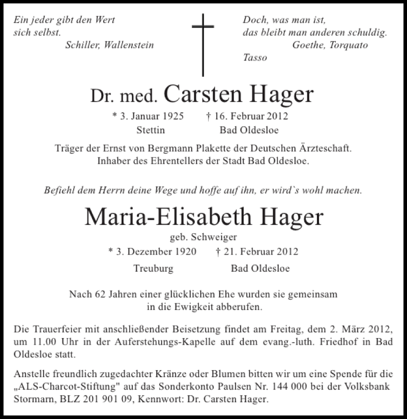  Traueranzeige für Dr. med. Carsten Hager und Maria-Elisabeth Hager  vom 28.02.2012 aus Stormarner Tageblatt