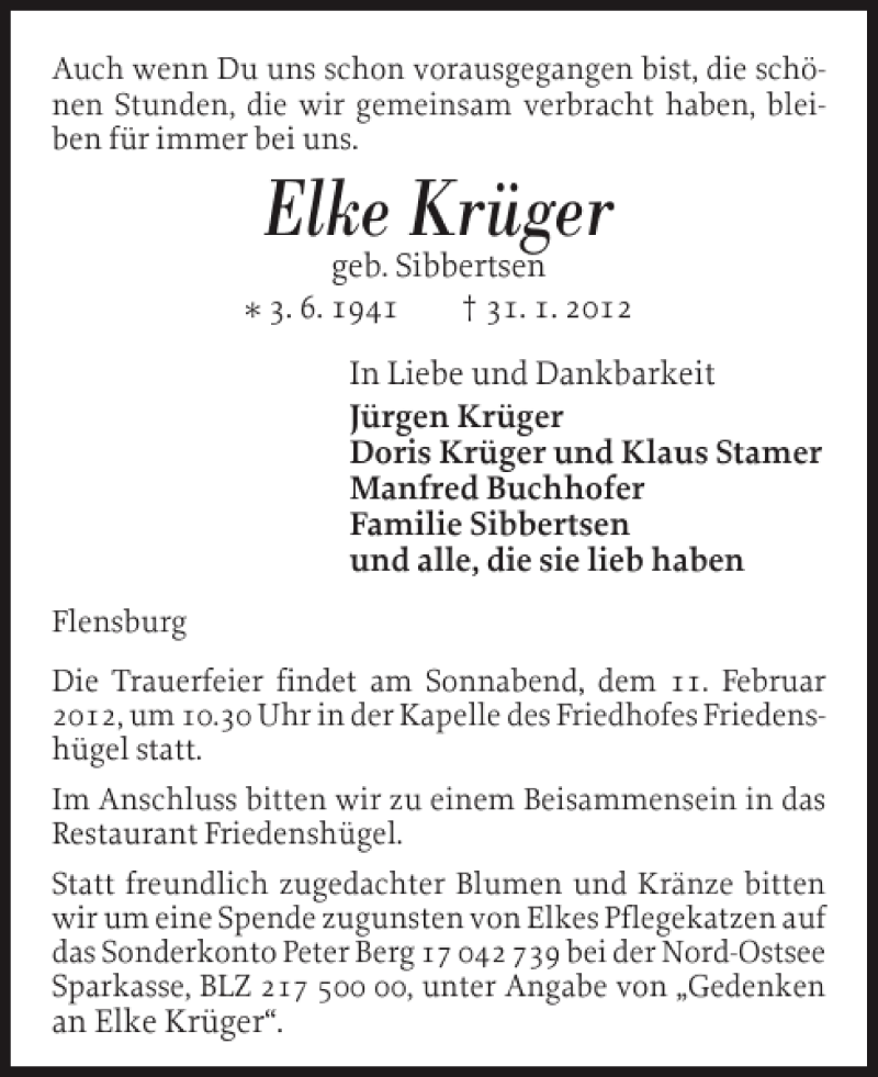  Traueranzeige für Elke Krüger vom 04.02.2012 aus Flensburger Tageblatt