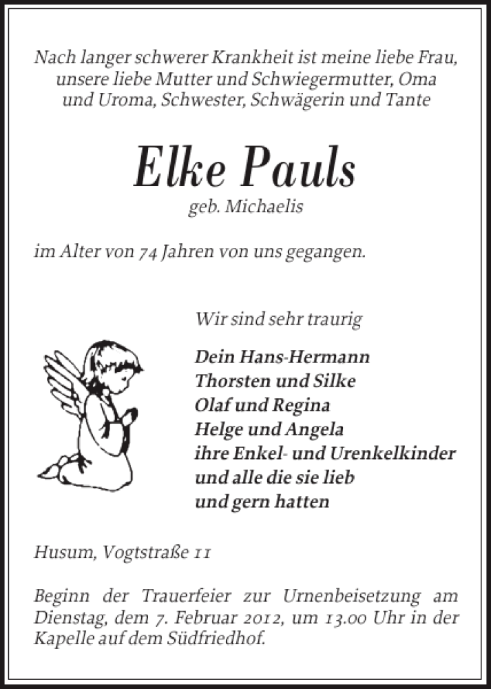  Traueranzeige für Elke Pauls vom 01.02.2012 aus Husumer Nachrichten