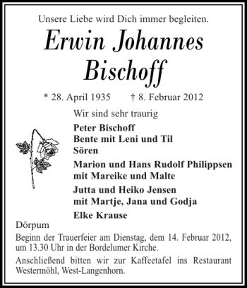 Traueranzeige von Erwin Johannes Bischoff von Husumer Nachrichten