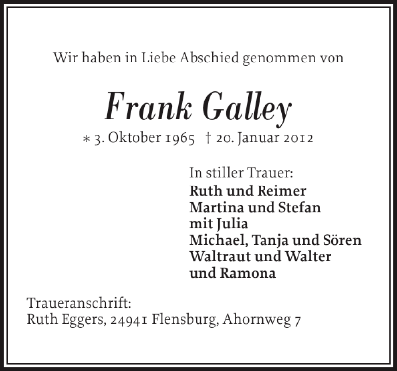  Traueranzeige für Frank Galley vom 04.02.2012 aus Flensburger Tageblatt
