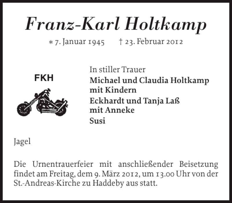  Traueranzeige für Franz-Karl Holtkamp vom 28.02.2012 aus Schleswiger Nachrichten