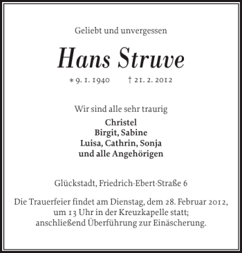 Traueranzeige von Hans Struve von Norddeutsche Rundschau
