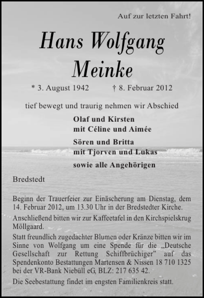  Traueranzeige für Hans Wolfgang Meinke vom 11.02.2012 aus Husumer Nachrichten