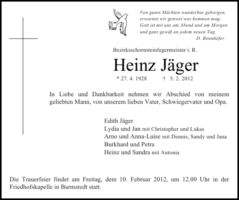  Traueranzeige für Heinz Jäger vom 07.02.2012 aus Elmshorner Nachrichten