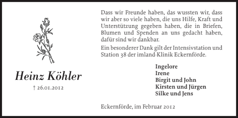  Traueranzeige für Heinz Köhler vom 21.02.2012 aus Eckernförder Zeitung