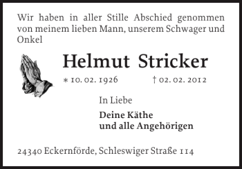 Traueranzeige von Helmut Stricker von Eckernförder Zeitung