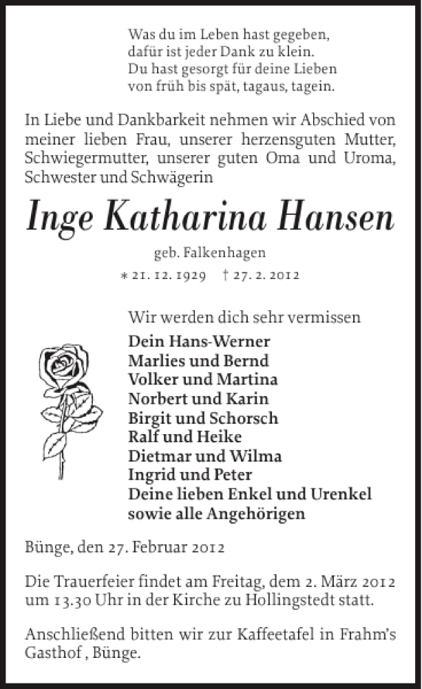  Traueranzeige für Inge Katharina Hansen vom 29.02.2012 aus Schleswiger Nachrichten