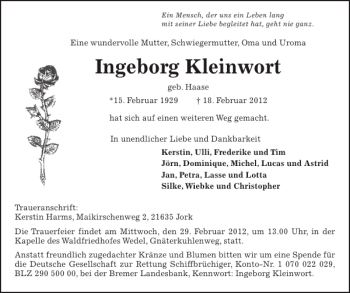 Traueranzeige von Ingeborg Kleinwort von Pinneberger Tageblatt