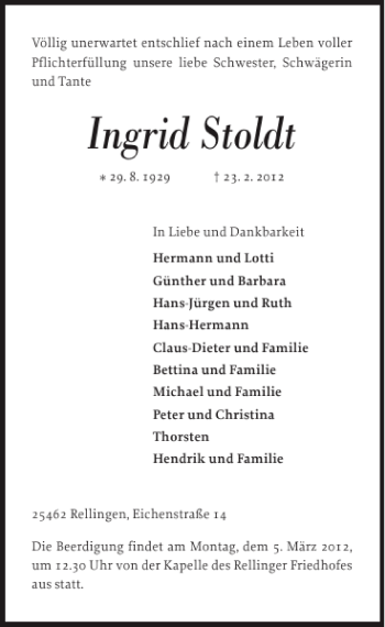 Traueranzeige von Ingrid Stoldt von Pinneberger Tageblatt