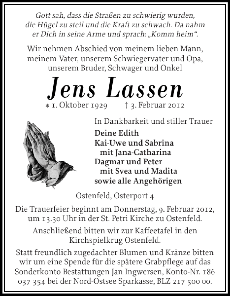  Traueranzeige für Jens Lassen vom 06.02.2012 aus Husumer Nachrichten