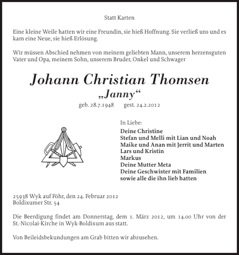  Traueranzeige für Johann Christian Thomsen vom 28.02.2012 aus Der Insel-Bote