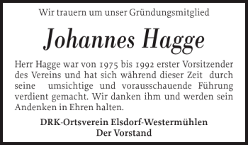 Traueranzeige von Johannes Hagge von Landeszeitung