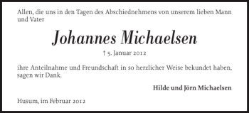 Traueranzeige von Johannes Michaelsen von Husumer Nachrichten