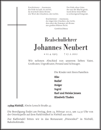Traueranzeige von Johannes Neubert von Nordfriesland Tageblatt