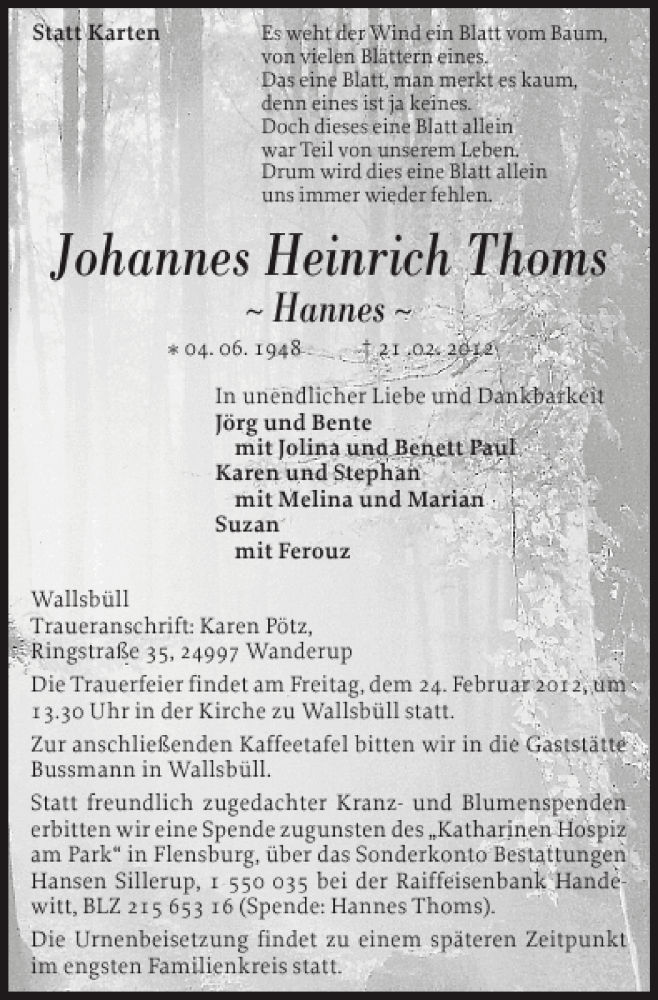  Traueranzeige für Johannes Heinrich Thoms vom 23.02.2012 aus Flensburger Tageblatt