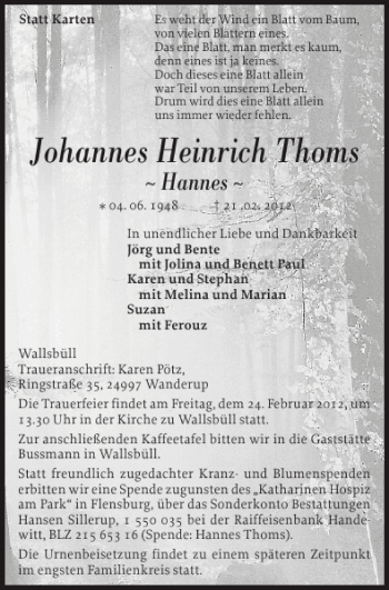 Traueranzeige von Johannes Heinrich Thoms von Flensburger Tageblatt