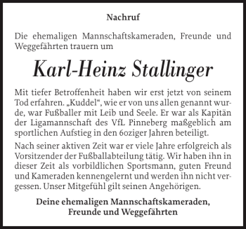 Traueranzeige von Karl-Heinz Stallinger von Pinneberger Tageblatt