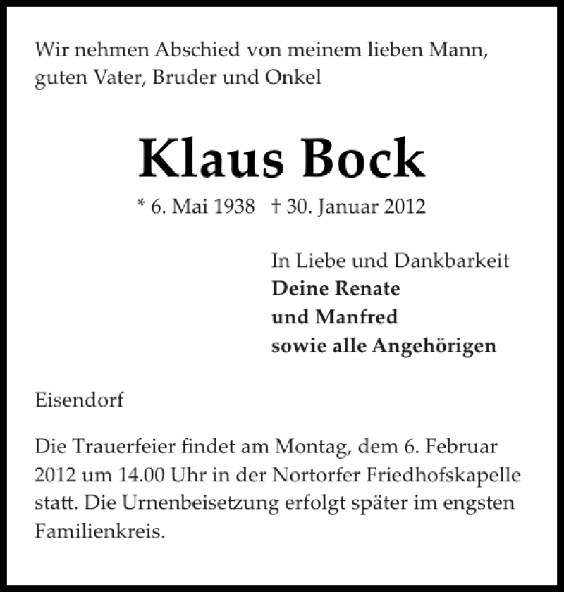  Traueranzeige für Klaus Bock vom 02.02.2012 aus Landeszeitung