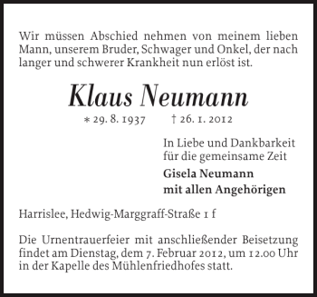 Traueranzeige von Klaus Neumann von Flensburger Tageblatt