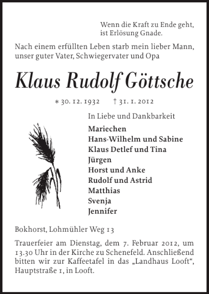  Traueranzeige für Klaus Rudolf Göttsche vom 03.02.2012 aus Landeszeitung