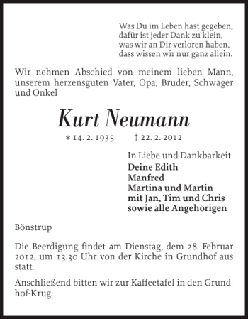 Traueranzeige von Kurt Neumann von Flensburger Tageblatt