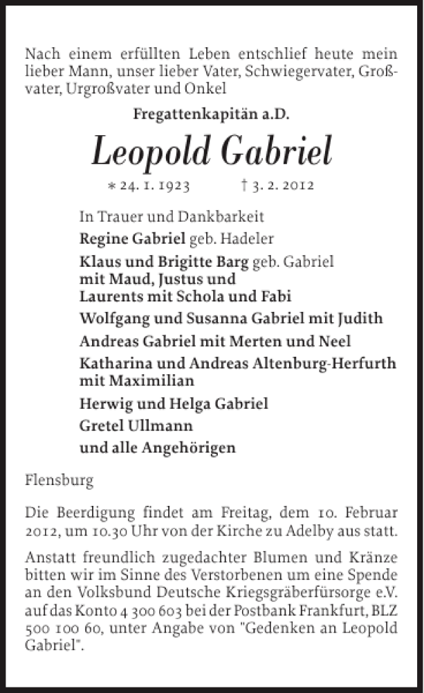  Traueranzeige für Leopold Gabriel vom 07.02.2012 aus Flensburger Tageblatt