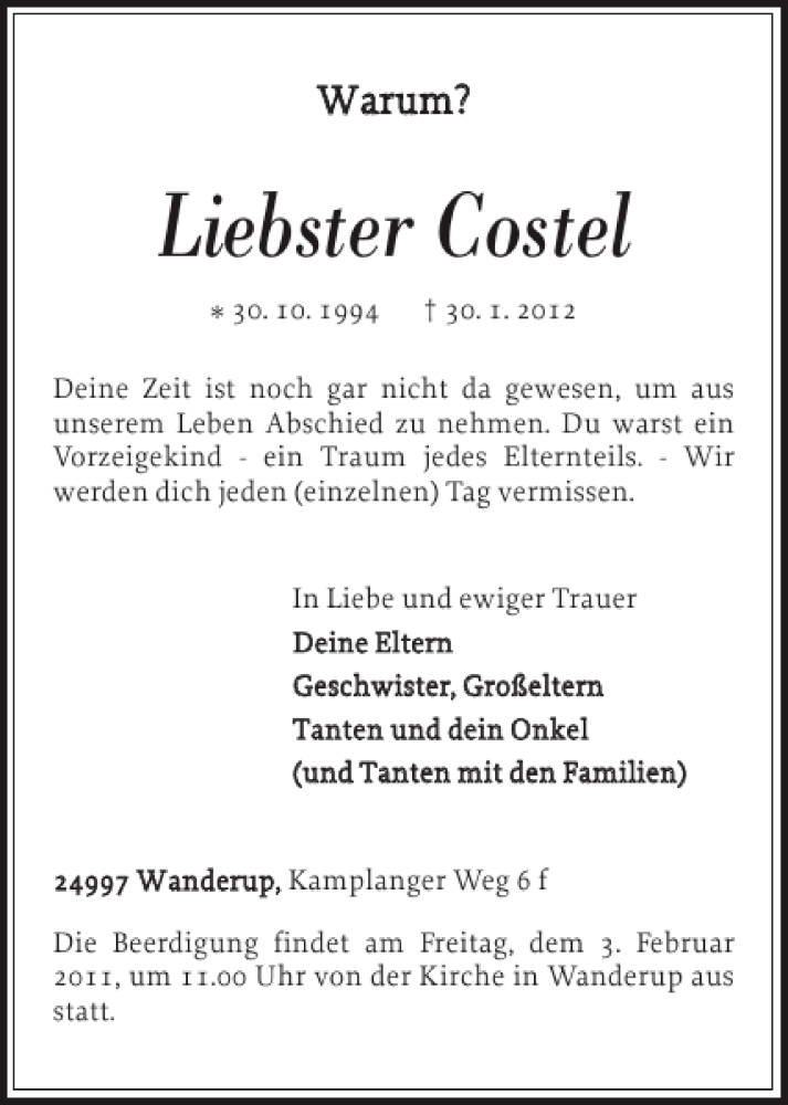  Traueranzeige für Liebster Costel vom 02.02.2012 aus Flensburger Tageblatt