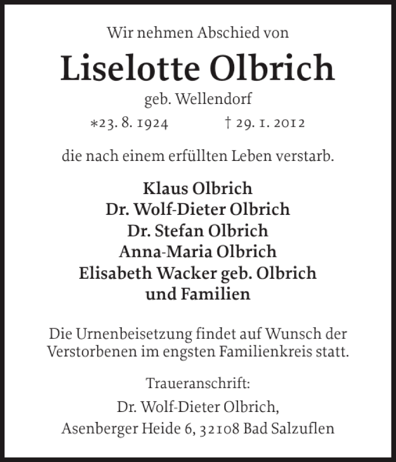  Traueranzeige für Liselotte Olbrich vom 04.02.2012 aus Eckernförder Zeitung