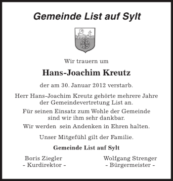 Traueranzeige von List Sylt von Sylter Rundschau