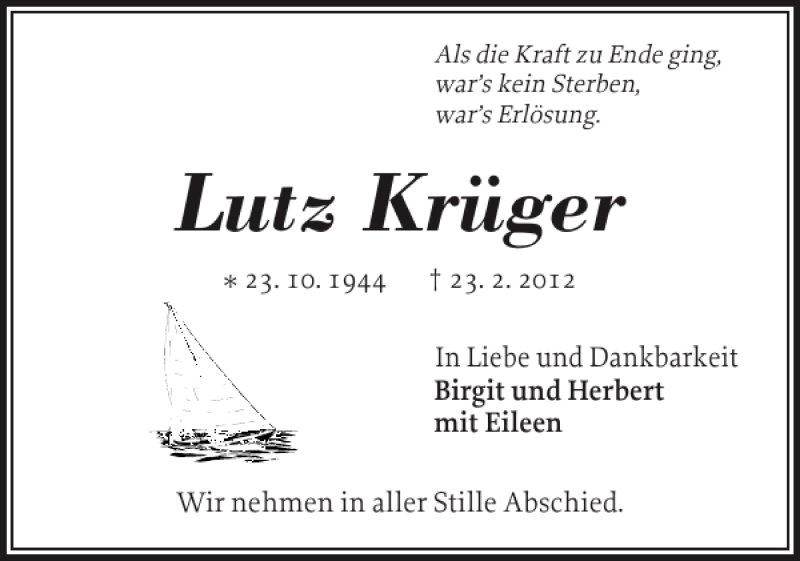  Traueranzeige für Lutz Krüger vom 25.02.2012 aus Holsteinischer Courier