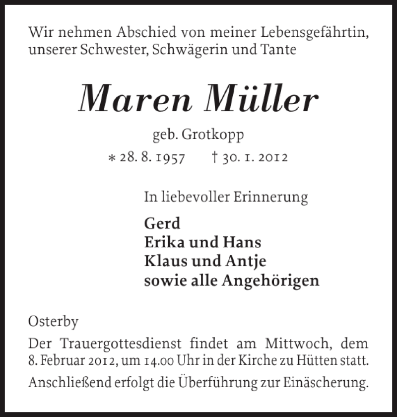  Traueranzeige für Maren Müller vom 02.02.2012 aus Eckernförder Zeitung