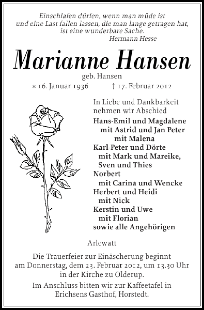  Traueranzeige für Marianne Hansen vom 20.02.2012 aus Husumer Nachrichten