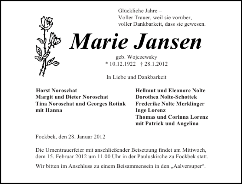  Traueranzeige für Marie Jansen vom 04.02.2012 aus Eckernförder Zeitung