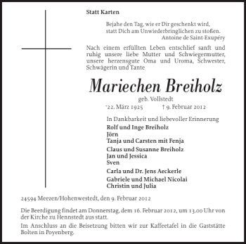 Traueranzeige von Mariechen Breiholz von Eckernförder Zeitung
