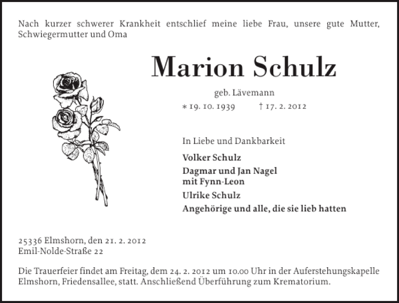  Traueranzeige für Marion Schulz vom 21.02.2012 aus Elmshorner Nachrichten