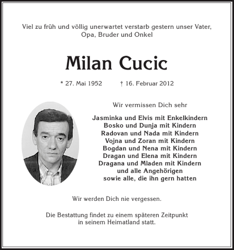  Traueranzeige für Milan Cucic vom 18.02.2012 aus Flensburger Tageblatt