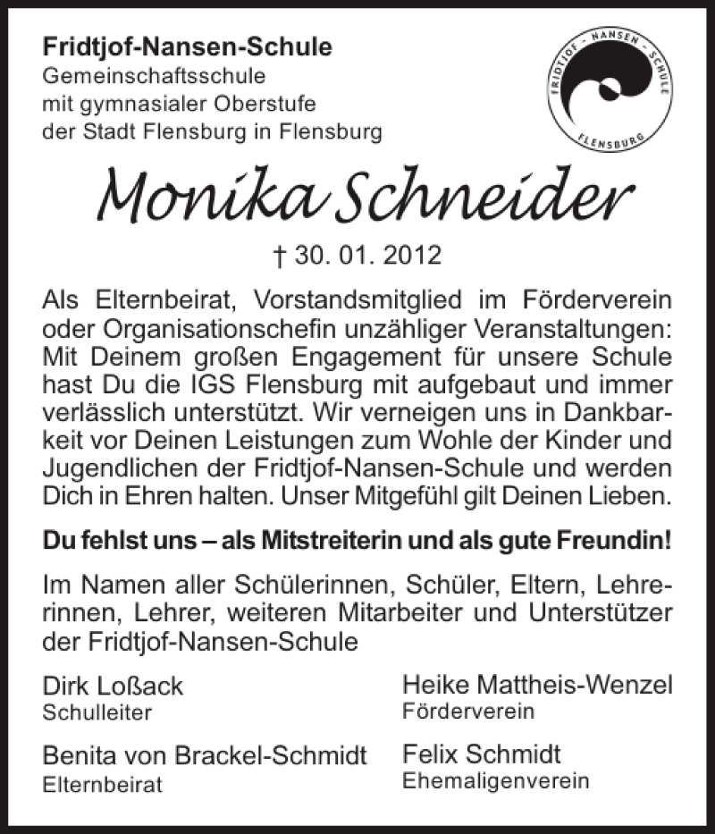  Traueranzeige für Monika Schneider vom 03.02.2012 aus Flensburger Tageblatt