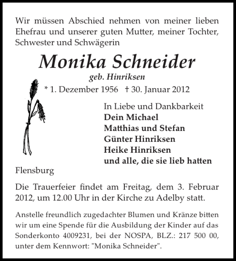  Traueranzeige für Monika Schneider vom 01.02.2012 aus Flensburger Tageblatt