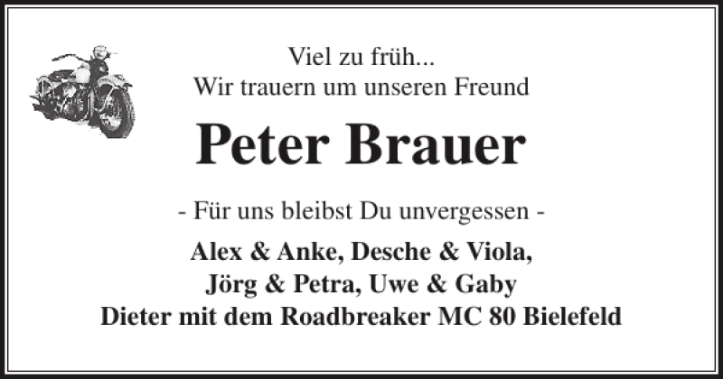  Traueranzeige für Peter Brauer vom 06.02.2012 aus Sylter Rundschau