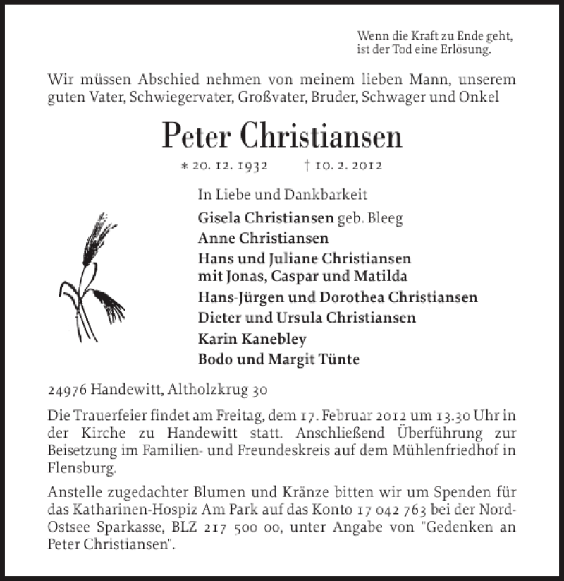 Traueranzeige für Peter Christiansen vom 13.02.2012 aus Flensburger Tageblatt