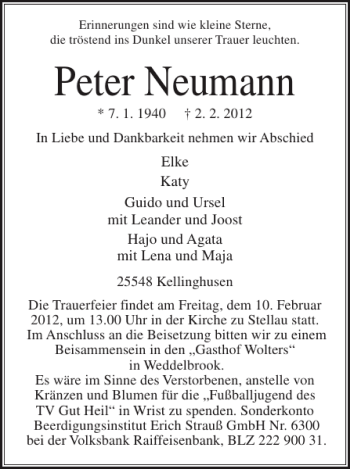 Traueranzeige von Peter Neumann von Norddeutsche Rundschau