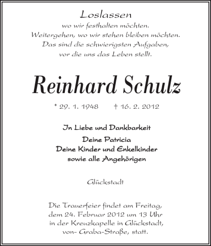  Traueranzeige für Reinhard Schulz vom 18.02.2012 aus Elmshorner Nachrichten